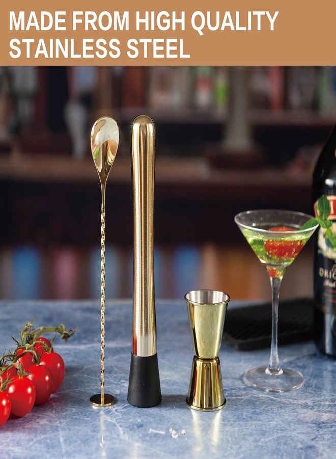 JNWINOG 3-Pcs Gold Muddler & Mixing Tools Set, 10" Muddler, 12" Cocktail Spoon & 1 oz/2 oz Double Jigger, Bar Tool Set for Beverages - Image 2